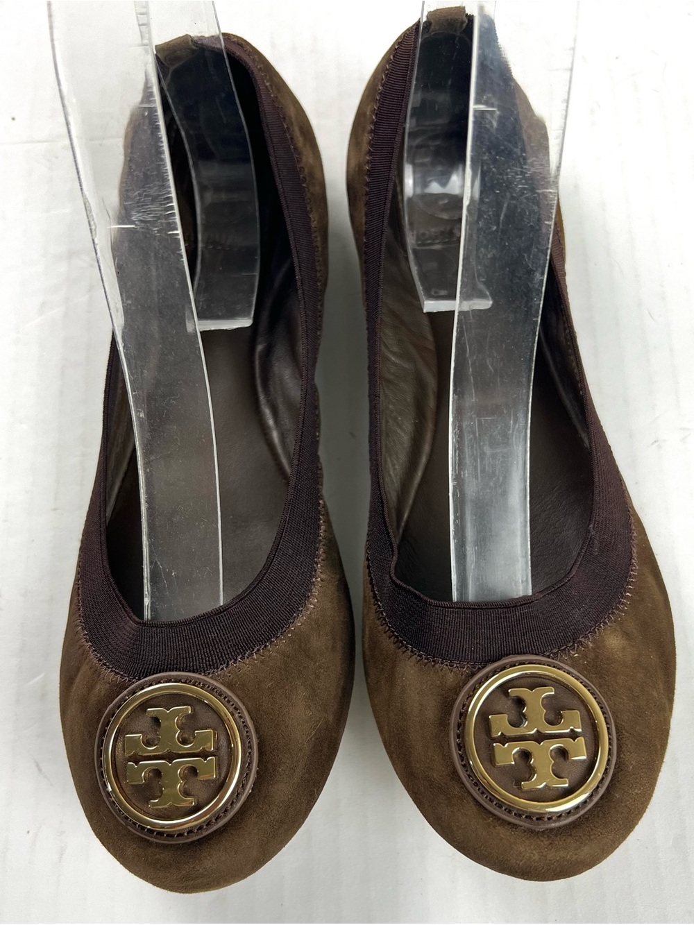 Tory Burch Brown Suede Logo Ballet Flats with Gold Emblem
